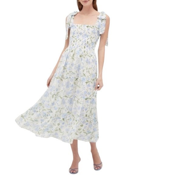 Hill House Home Dresses & Skirts - Hill House Home Ellie Nap Dress Blue Green Peony Bouquet Smocked Tiered XXXS